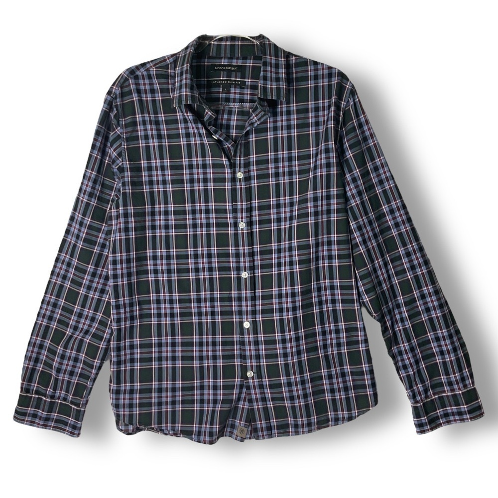 Banana Republic Mens Shirt Sz L Untucked Slim Fit Plaid Button Up Lightweight Co